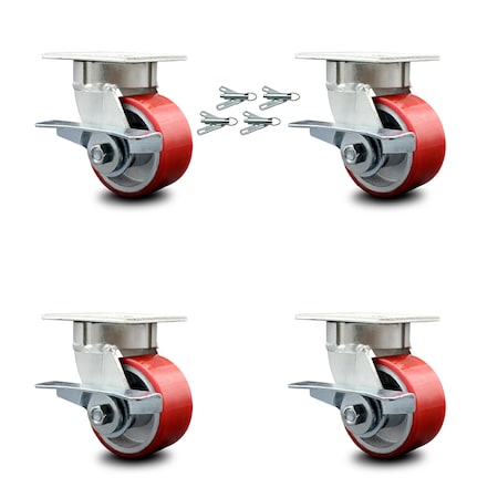 4 Inch Kingpinless Red Poly On Steel Wheel Caster Set Brake And Swivel Lock